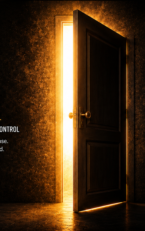 An open door glowing with warm light